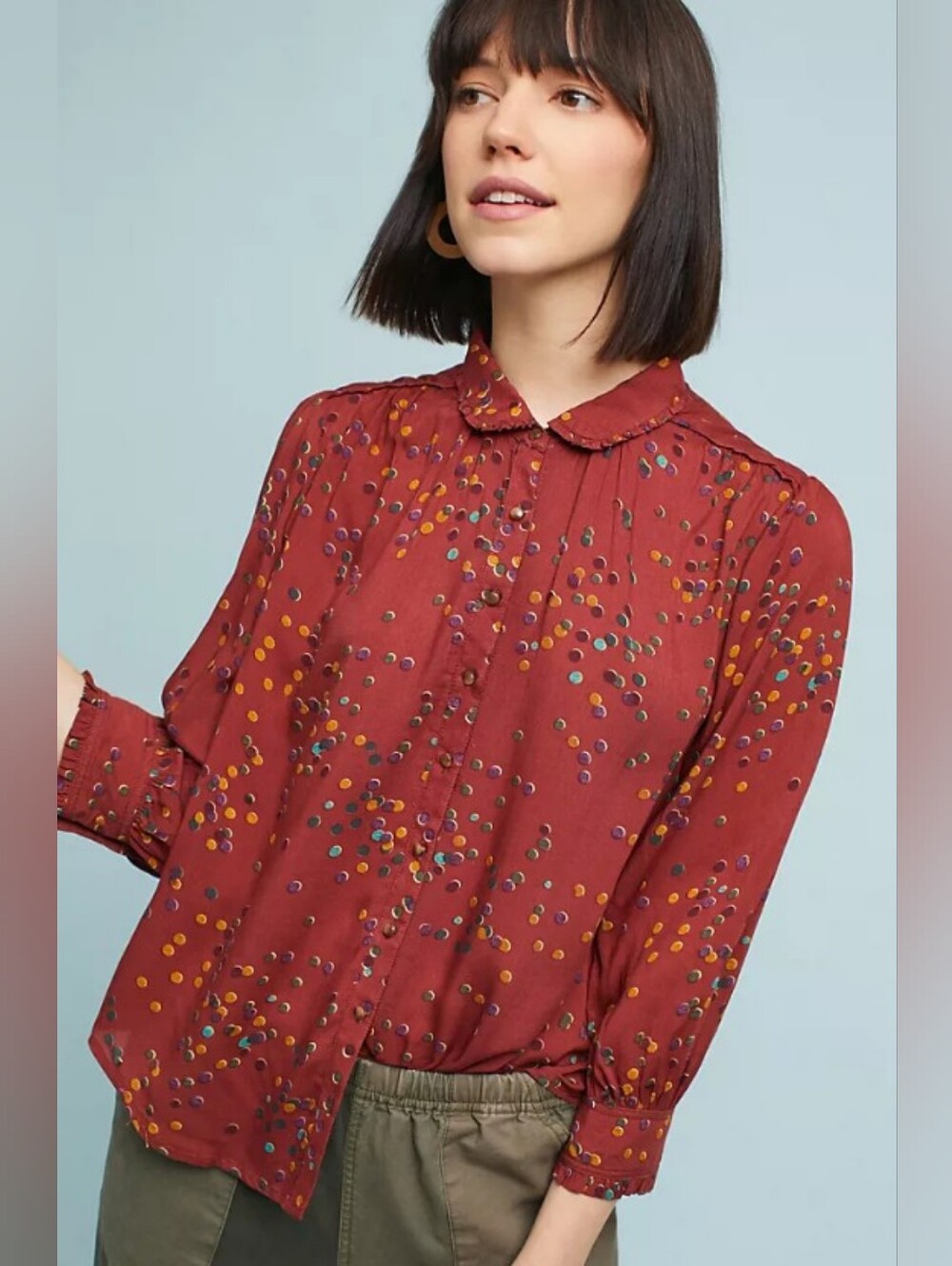 Anthropologie Maeve Rust Red Dot-Print Button Down Blouse Misses Size Small
